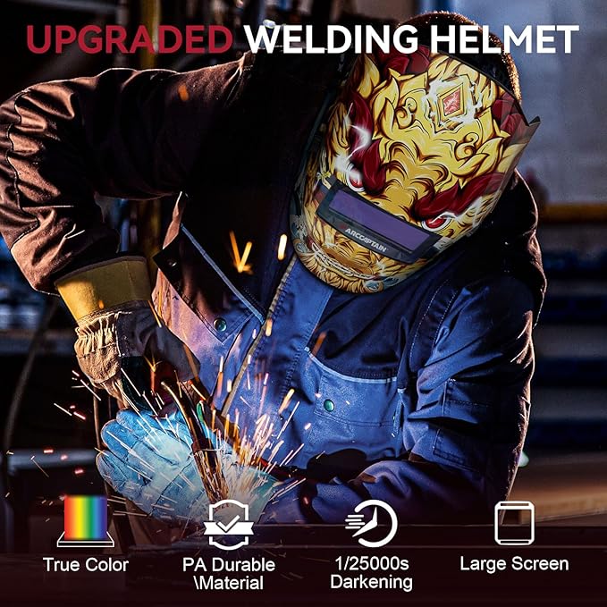 ARCCAPTAIN True Color Welding Helmet, 4 Arc Sensor Auto Darkening Welding Hood, Solar Powered Welding Mask, 1/1/1/1 Top Optical Clarity Welder Helmet, Wide Shade 4/9-13 for TIG MIG ARC, color12