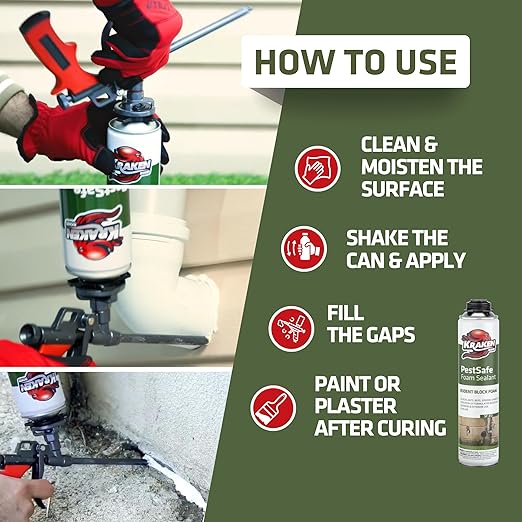 Kraken Bond Expanding Spray Foam Sealant - (1x24oz) Polyurethane Foam Sealant for Gaps & Cracks with, Paintable Foam Filler for Wall Holes, Gun Use | Gun&Cleaner NOT Included - Pestblock -1 Pack