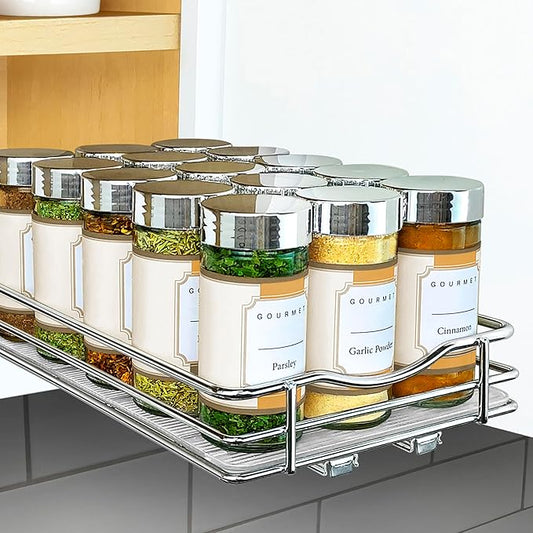 LYNK PROFESSIONAL® Pull Out Spice Rack Organizer for Inside Kitchen Cabinets - 6-1/4 inch Wide - Slide Out Drawer – Chrome Sliding Spice Cabinet Organization Shelf Racks - 1 Tier
