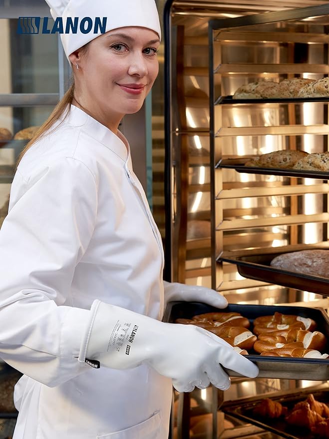 LANON Liquid Silicone Gloves, Heat Resistant Oven Gloves with Fingers, Food Grade, Waterproof, White, XL