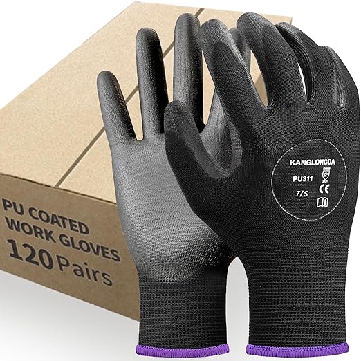 Kebada 120 Pairs Work Gloves Bulk Pack, Mens Work Gloves with Grip, PU Dipped Gloves for Warehouse, Construction, Gardening and Mechanics, Black, Small