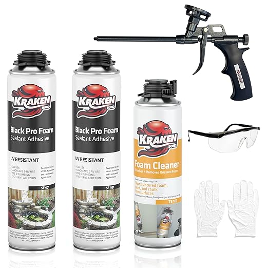 Kraken Bond Black Spray Waterfall Foam Sealant - (2x24oz) Expanding Polyurethane Pond Foam Sealer Black, UV Resistant Insulating Spray for Landscape & Exterior, Gun Use, Gun Included, 2 Pack