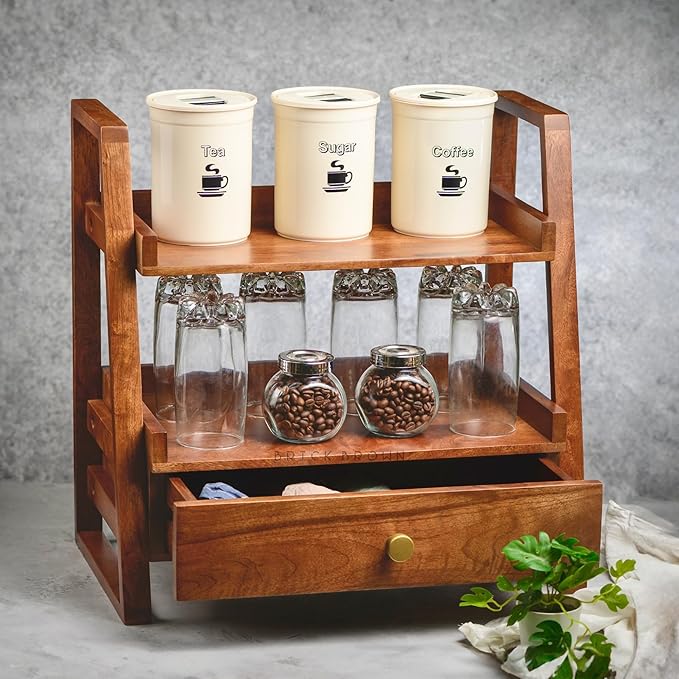 Handcrafted Versatile Organizer with Drawer | 2-Tier Kitchen Storage Organizer | Spice Rack & Jars/Bottle Holder (18x18x10.7Inch)