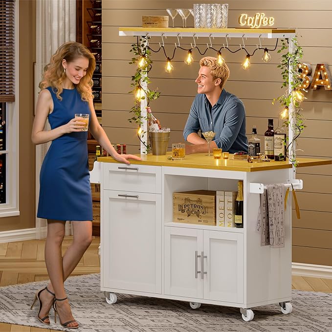 Itaar Rolling Kitchen Island Table on Wheels with Drop Leaf, 40" Mobile Kitchen Carts with Trash can Storage, Storage Cabinet, Drawer, Spice/Towel Rack, White