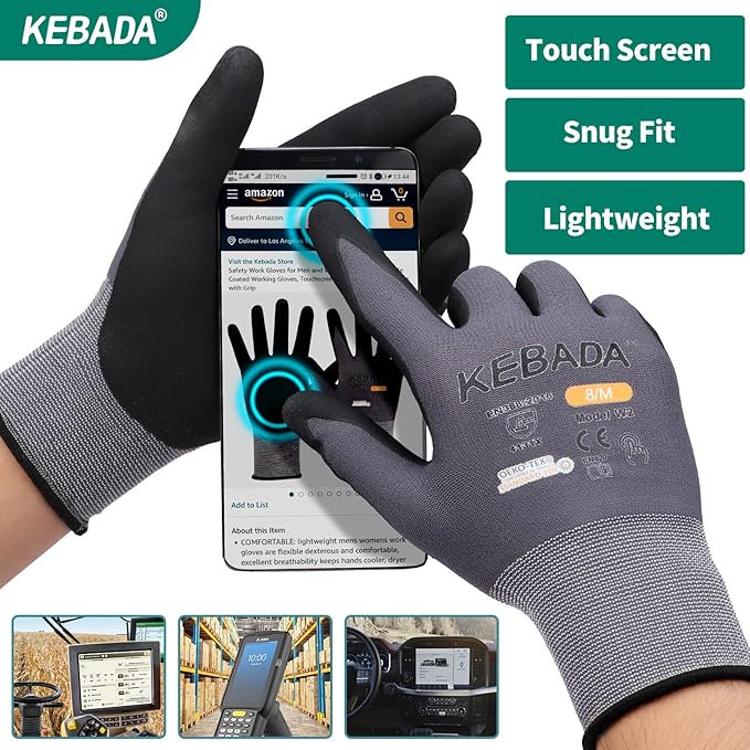 Kebada W2 Safety Work Gloves, Micro-Foam Nitrile Coated Gloves, Touchscreen,Ideal for Package Handling, Gardening, Construction, 1 Pair X-Large