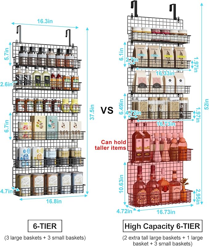 JKsmart High Capacity 6-Tier Spice Rack Organizer with Door Hook, Wall-Mounted & Over-the-Door for Kitchen Pantry Cabinet - Black