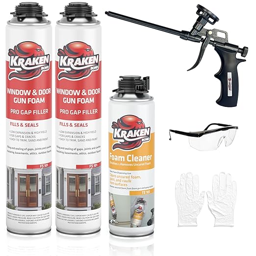 Kraken Bond Window & Door Expanding Foam Sealant - (2x24oz) Professional Gap Filling Gun Use Polyurethane Spray Foam, Low Expansion Waterproof Gap Filler, Gun&Cleaner Included - 2 Pack