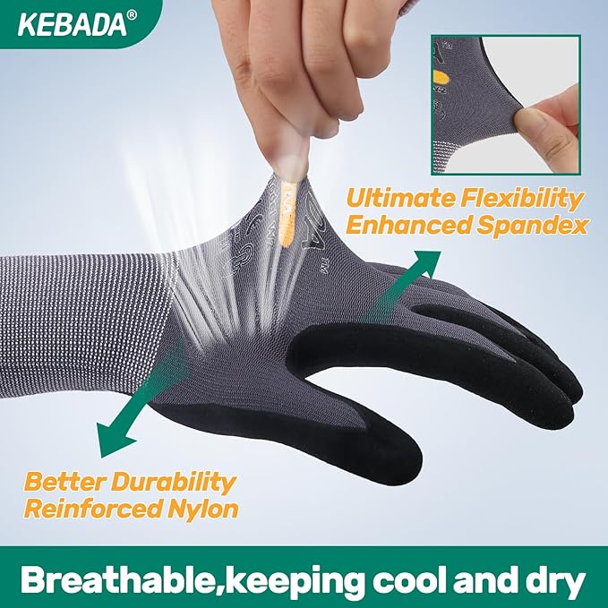 Kebada W2 Safety Work Gloves, Micro-Foam Nitrile Coated Gloves, Touchscreen,Ideal for Package Handling, Gardening, Construction, 1 Pair Large
