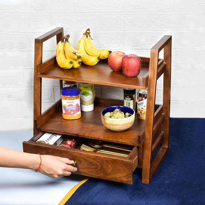 Handcrafted Versatile Organizer with Drawer | 2-Tier Kitchen Storage Organizer | Spice Rack & Jars/Bottle Holder (18x18x10.7Inch)