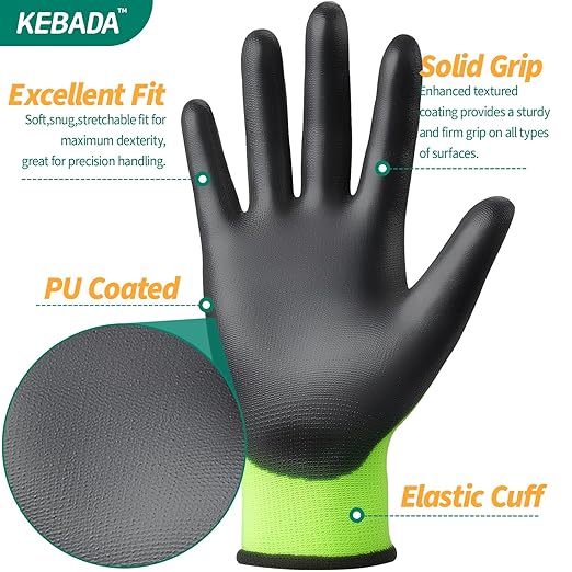 Kebada W1 Work Gloves for Men and Women, Touchscreen PU Coated Gloves with Grip, 50 Pairs Bulk Pack, Ideal for Warehouse Package Handling, Construction, Gardening, Green Large