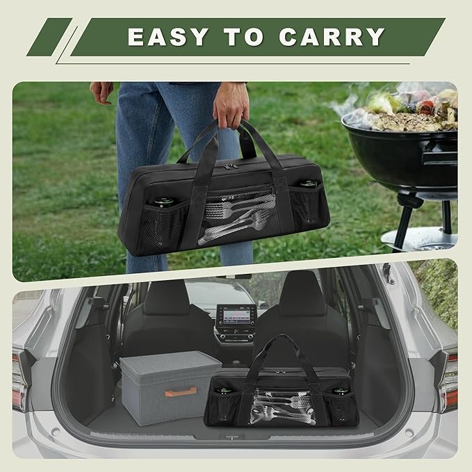 Grill Tool Storage Bag, Outdoor BBQ Utensil Holder for Barbecue Tool up to 20", Large Grill Utensil Storage Caddy with Pockets, BBQ Accessories Case Container for Camping, Bag Only, Black