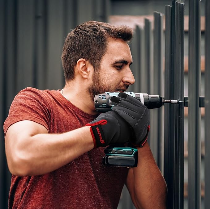 DULFINE Flex Grip Mechanic Work Gloves for Men,Black and Red Utility Safety Working Gloves Touch Screen,Excellent Grip,Ideal for Working on Cars and Outdoor Jobs(Small)