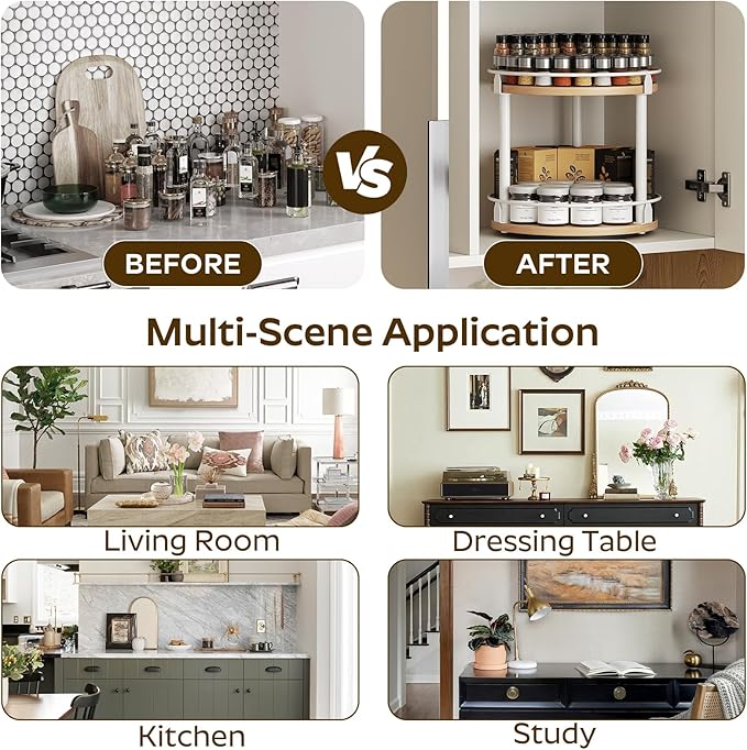 Lazy Susan Organizer, Rotating Spice Rack, 2 Tier Spice Turntable Organizer, Industrial Turntable Spice Holder, for Kitchen Countertop, Compact and Versatile, White and Natural SR22WN