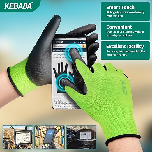 Kebada W1 Work Gloves for Men and Women, PU Coated Safety Gloves with Grip, Touchscreen, Ideal for Warehouse Package Handling, Construction, Gardening, Green X-Small