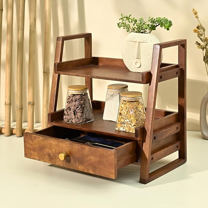 Handcrafted Versatile Organizer with Drawer | 2-Tier Kitchen Storage Organizer | Spice Rack & Jars/Bottle Holder (18x18x10.7Inch)