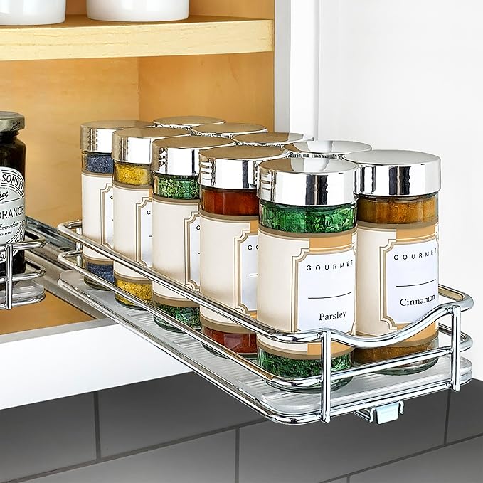 LYNK PROFESSIONAL® Pull Out Spice Rack Organizer for Inside Kitchen Cabinets - 4-1/4 inch Wide - Slide Out Drawer – Chrome Sliding Spice Cabinet Organization Shelf Racks - 1 Tier