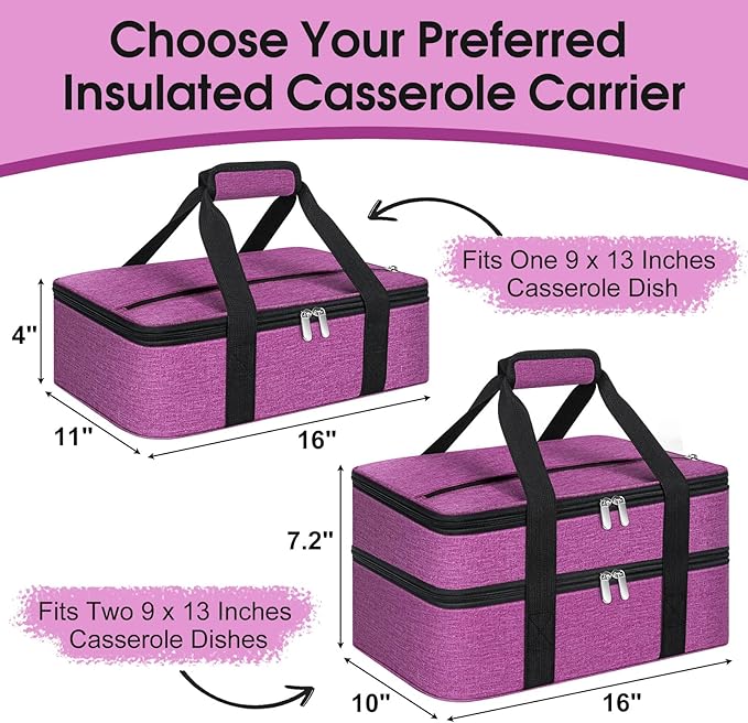 Insulated Casserole Carrier, Portable Casserole Carrier for Hot or Cold Food Lunch Tote Warmer or Cooler Bag, Lasagna Lunch Bag for Potluck Parties- Fits 9" x 13" Baking Dish-Rose Purple