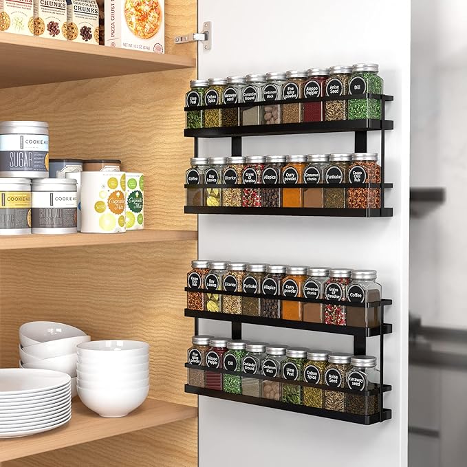 New England Stories Spice Rack Organizer with 18 Empty Square Spice Jars, 386 Spice Labels with Chalk Marker and Funnel Complete Set, for Countertop, Wall Mount or Cabinet Pantry Door, Black