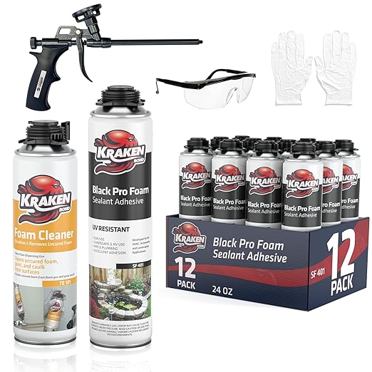Kraken Bond Black Spray Waterfall Foam Sealant - (12x24oz) Expanding Polyurethane Pond Foam Sealer Black, UV Resistant Insulating Spray for Landscape & Exterior, Gun Use, Gun Included, 12 Pack