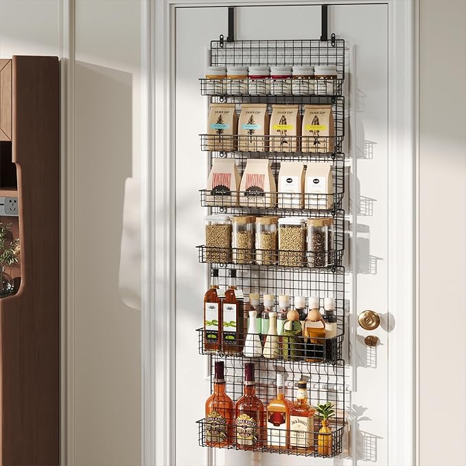JKsmart High Capacity 6-Tier Spice Rack Organizer with Door Hook, Wall-Mounted & Over-the-Door for Kitchen Pantry Cabinet - Black