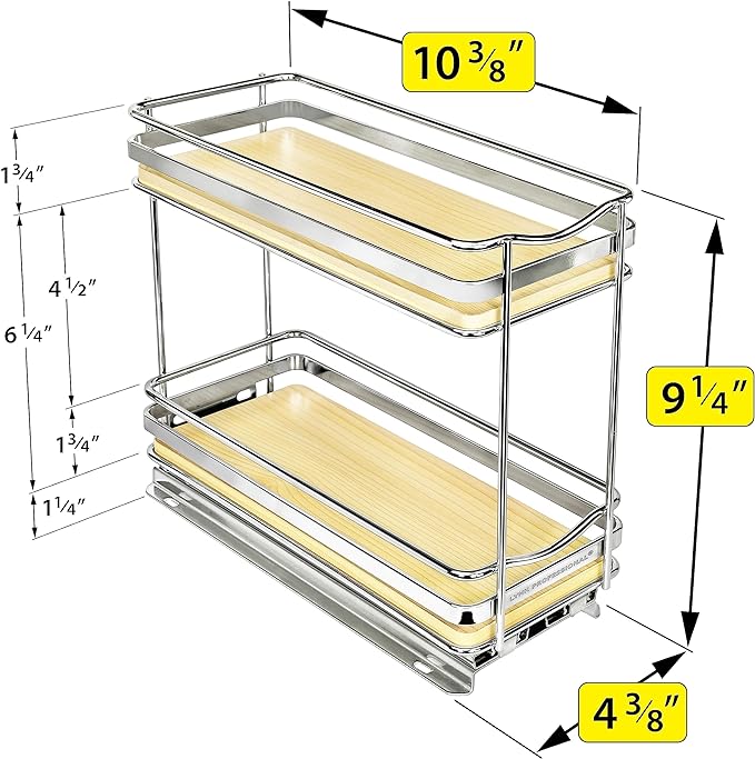 LYNK PROFESSIONAL® Élite™ Pull Out Spice Rack Organizer for Inside Kitchen Cabinets - 4-1/4 inch Wide - Slide Out Drawer – Wood/Chrome Sliding Spice Cabinet Organization Shelf Racks - 2 Tier