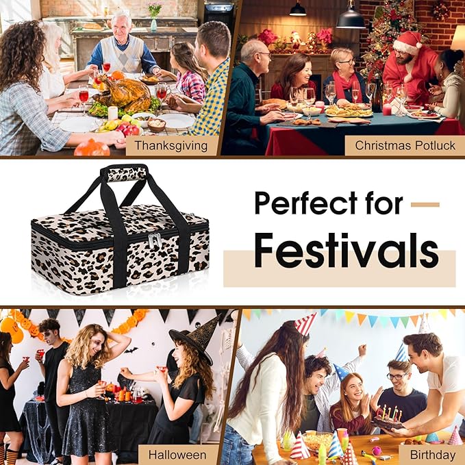 Insulated Casserole Carrier, Portable Casserole Carrier for Hot or Cold Food Lunch Tote Warmer or Cooler Bag, Lasagna Lunch Bag for Potluck Parties- Fits 9" x 13" Baking Dish-Leopard