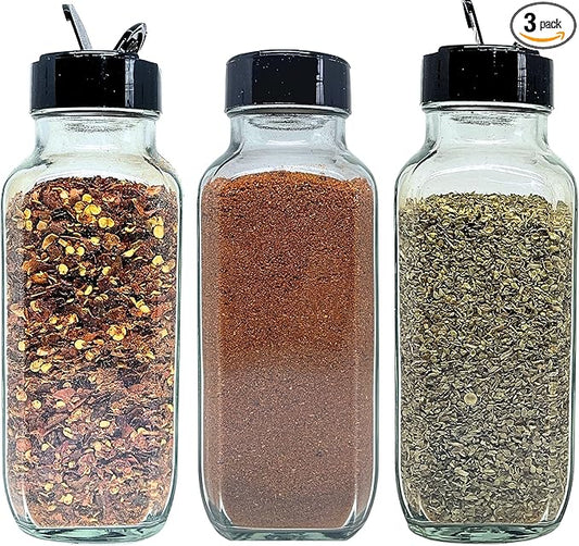 JARMING COLLECTIONS Glass Spice Jars with Shaker Lids - Spice Jars 8oz for Food Storage, Spice Containers for Kitchen Organization and Storage, Glass Organizing Bottles (French Square 8oz Blackx3)