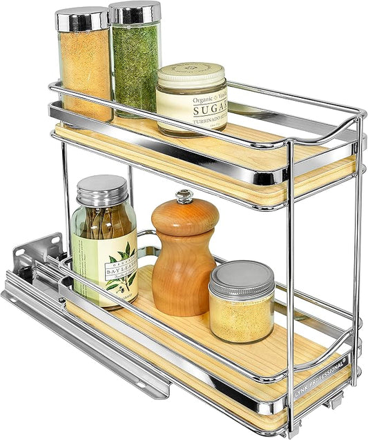 LYNK PROFESSIONAL® Élite™ Pull Out Spice Rack Organizer for Inside Kitchen Cabinets - 4-1/4 inch Wide - Slide Out Drawer – Wood/Chrome Sliding Spice Cabinet Organization Shelf Racks - 2 Tier