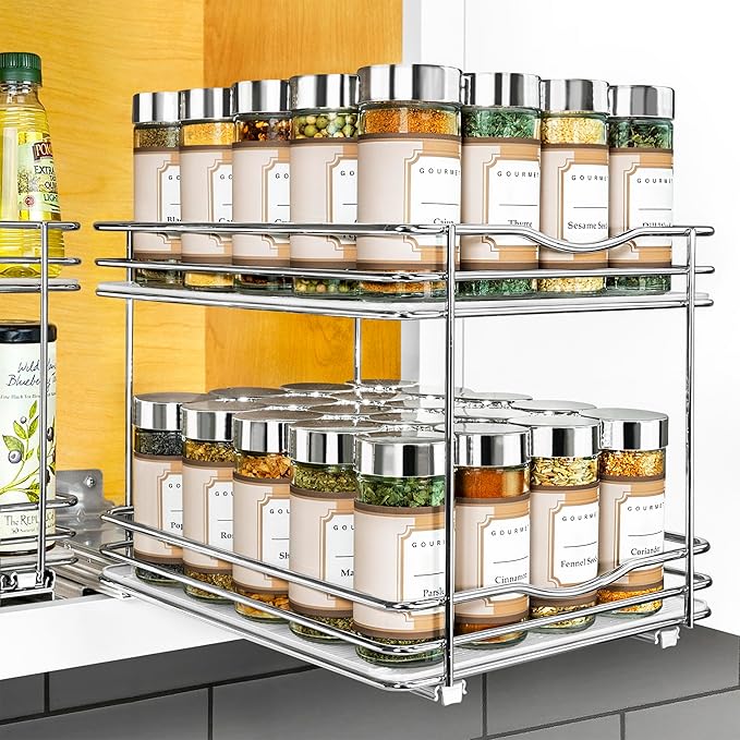 LYNK PROFESSIONAL® Pull Out Spice Rack Organizer for Inside Kitchen Cabinets - 8-1/4 inch Wide - Slide Out Drawer – Chrome Sliding Spice Cabinet Organization Shelf Racks - 2 Tier