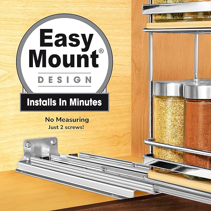 LYNK PROFESSIONAL® Élite™ Pull Out Spice Rack Organizer for Inside Kitchen Cabinets - 4-1/4 inch Wide - Slide Out Drawer – Wood/Chrome Sliding Spice Cabinet Organization Shelf Racks - 2 Tier