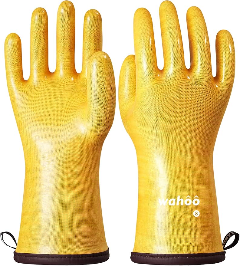 LANON Protection Wahoo Liquid Silicone Smoker Oven Gloves, Food-Contact Grade, Heat Resistant Gloves for Cooking, Grilling, Baking, Yellow, M/8