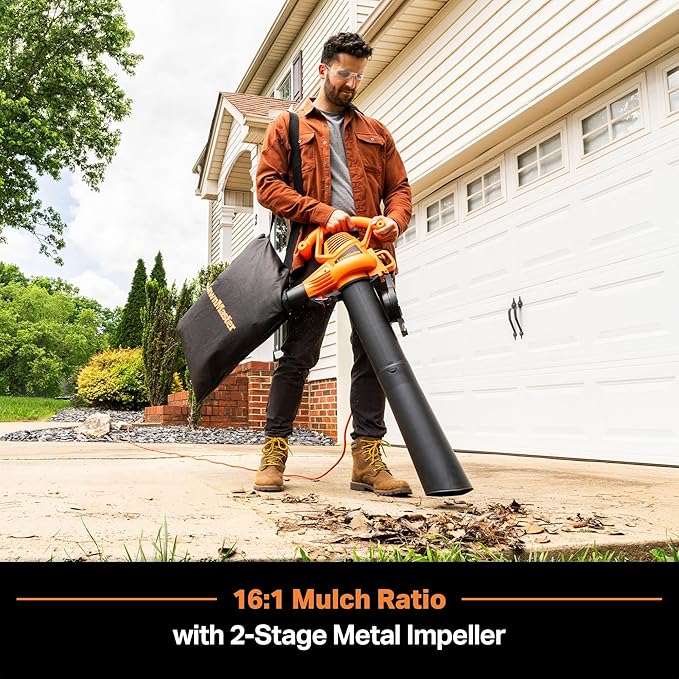 LawnMaster BV1210 Electric Blower Vacuum Mulcher 12 Amp 2-Speed Adjustment with Metal Impeller 240 MPH 380 CFM 16:1 Mulch Ratio with Collection Bag