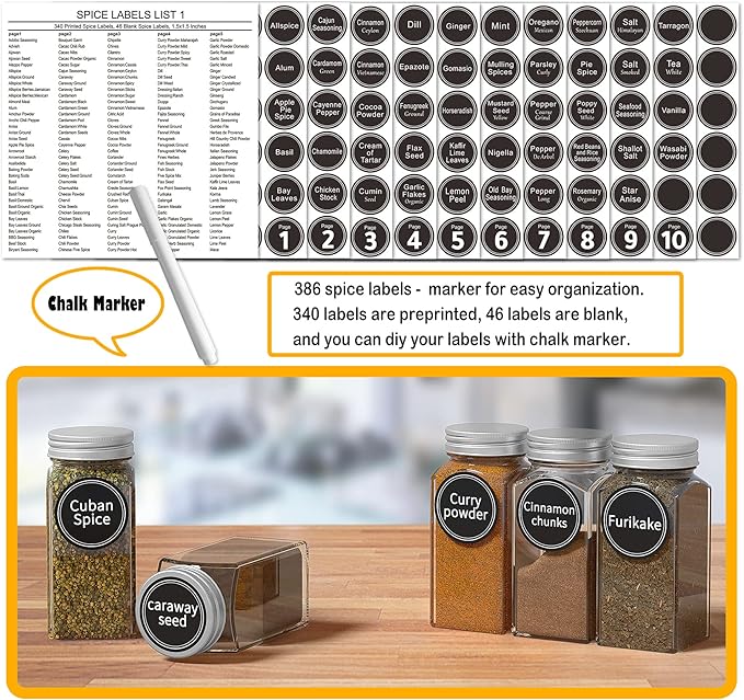 New England Stories Spice Rack Organizer with 18 Empty Square Spice Jars, 386 Spice Labels with Chalk Marker and Funnel Complete Set, for Countertop, Wall Mount or Cabinet Pantry Door, Black