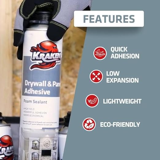 KRAKEN BOND Drywall & Panel Adhesive Foam - (1x24oz) Heavy-Duty, Fast-Curing Construction Adhesive for Concrete, Wood, and Heat Insulation Applications - Gun&Gun Cleaner Set