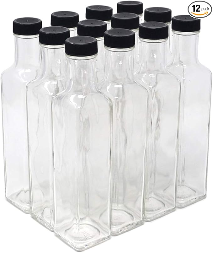 nicebottles Clear Glass Quadra Bottles, 250ml, Black Caps (8.5 Fl Oz) - Case of 12