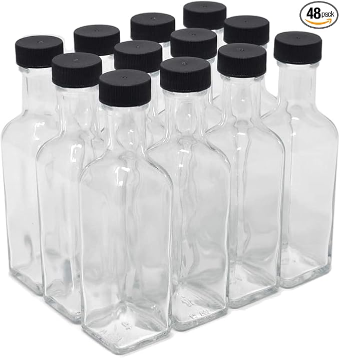 nicebottles Clear Glass Quadra Bottles, 100ml, Black Caps (3.4 Fl Oz) - Bulk Pack of 48