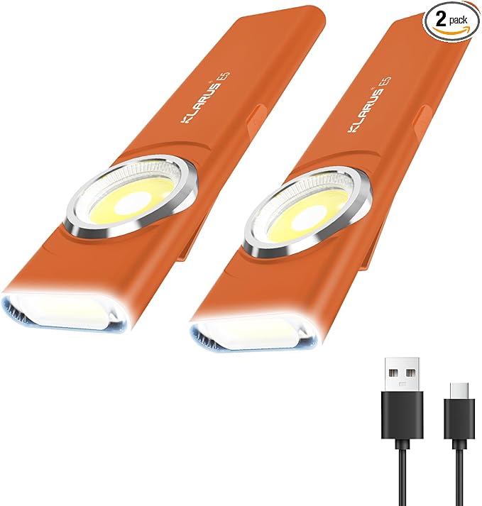 klarus E5 2Pcs Pocket Flashlight, Rechargeable EDC Flashlight, Super Slim 4.2x1x0.3inch, 600 Lumens, USB-C Port, IPX4, Dual Light Source with Magnetic Base, Hat & Clothes Clip