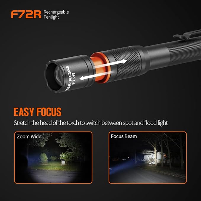 NICRON F72R Pen Light, Pocket Flashlight with Clip,5 Modes 450 lumens mini Rechargeable Flashlight Including Batteries, Focusing penlight ipx4 Waterproof for Work