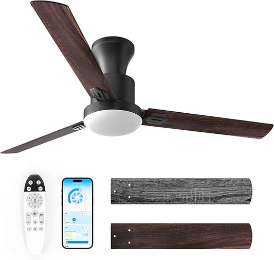 Obabala Ceiling Fans with Lights, 42 inch Flush Mount Ceiling Fan with Light and Remote Control & APP Reversible Dimmable Noiseless Ceiling Fan for Bedroom Indoor/Outdoor