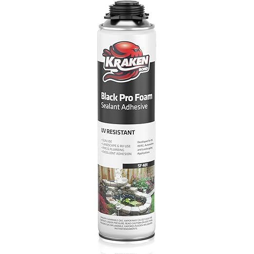 Kraken Bond Black Spray Waterfall Foam Sealant - (1x24oz) Expanding Polyurethane Pond Foam Sealer Black, UV Resistant Insulating Spray for Landscape & Exterior, Gun Use, Gun Not Included, 1 Pack