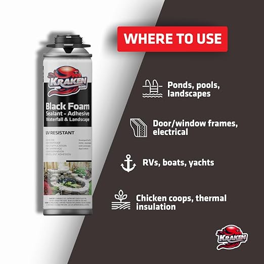 Kraken Bond Black Spray Waterfall Foam Sealant - (12x24oz) Expanding Polyurethane Pond Foam Sealer Black, UV Resistant Insulating Spray for Landscape & Exterior, Gun Not Included, 12 Pack