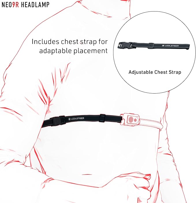 Ledlenser NEO9R LED headlamp Trail Running, Running lamp, Bright, 1200 lumens, Rechargeable, red Rear Light, Chest Strap, Reflective Headband (Black)