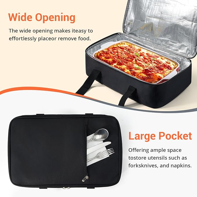 Insulated Casserole Carrier for Hot or Cold Food,Pie Carrier Bag Lunch Bag Tote for Potluck Parties/Picnic/Cookouts, Fits 9"x13" Baking Dish,Single Black