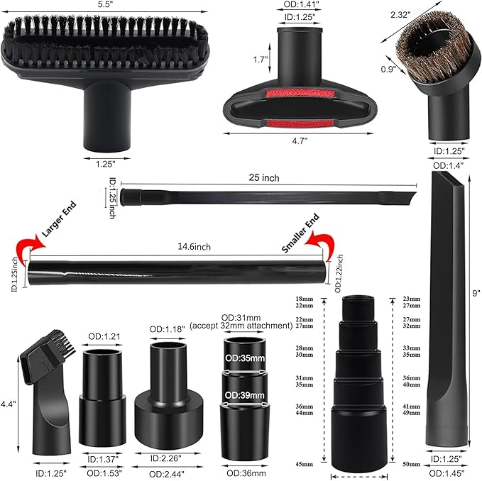 IN VACUUM 15 Pcs Universal Vacuum Attachments & Brushes for Shop Vac Accessories - 2 1/2" to 1 1/4" Hose Adapter for Shop Vac, 1 7/8" to 1" Vacuum Hose Adapter, 1 1/4" Shop Vacuum Cleaner Attachments