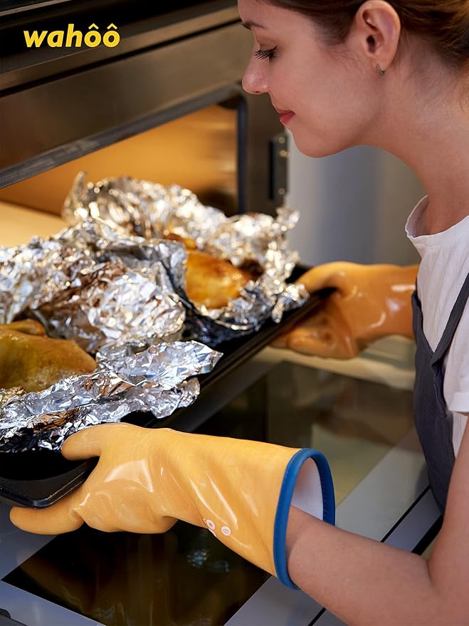 LANON Protection Wahoo Liquid Silicone Smoker Oven Gloves, Food-Contact Grade, Heat Resistant Gloves for Cooking, Grilling, Baking, Yellow, M/8