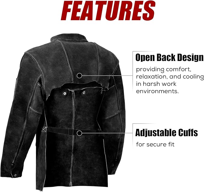 LeaSeek Leather Welding Jacket - Heavy Duty Welding Apron with Sleeve,Heat Flame Resistant Cowhide Weld Coat for Men Women.