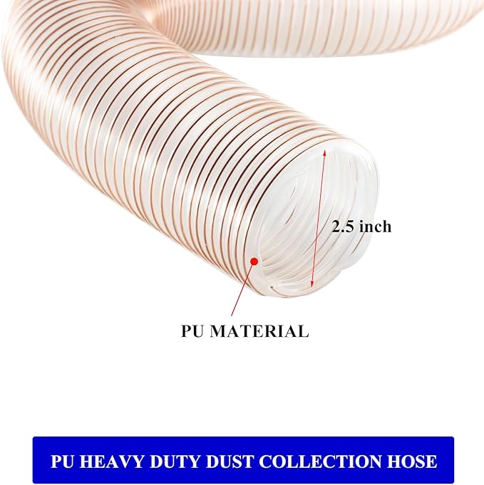 JUYO VONSAN 2.5 inch PU Dust Collection Hose 23ft Heavy Duty Flex Clear Dust Collector Hose With Clamps (Polyurethane, 2.5' X 23ft)