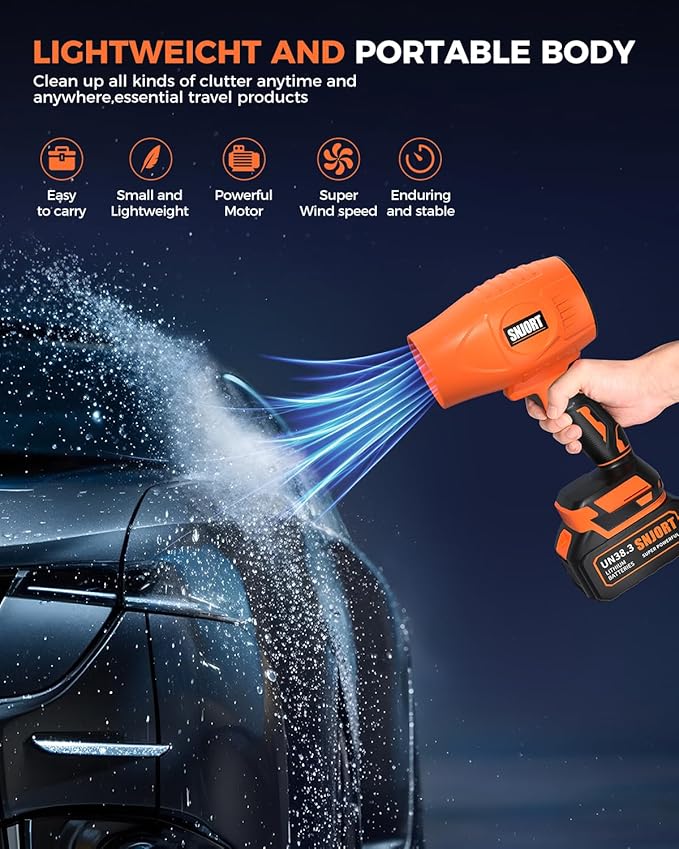 Leaf Blower Cordless with Battery and Charger,500,000 RPM,Extended Nozzle,Lightweight Handheld Design,Blower for Patio Cleaning,car Blowing Water,Blowing Leaves and Dust（Citrus Orange）