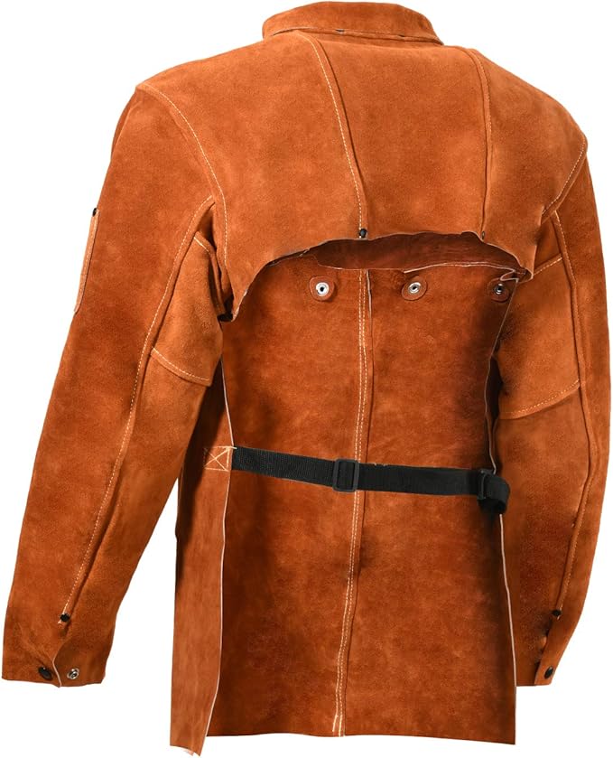 LeaSeek Leather Welding Jacket - Heavy Duty Welding Apron with Sleeve,Heat Flame Resistant Cowhide Weld Coat for Men Women.