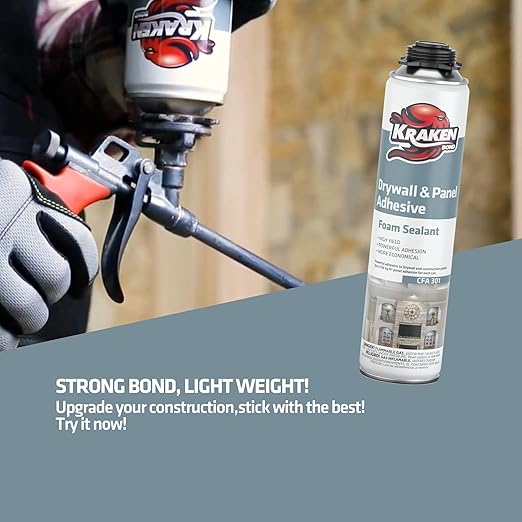 KRAKEN BOND Drywall & Panel Adhesive Foam - (2x24oz) Heavy-Duty, Fast-Curing Construction Adhesive for Concrete, Wood, and Heat Insulation Applications - Gun&Gun Cleaner Set